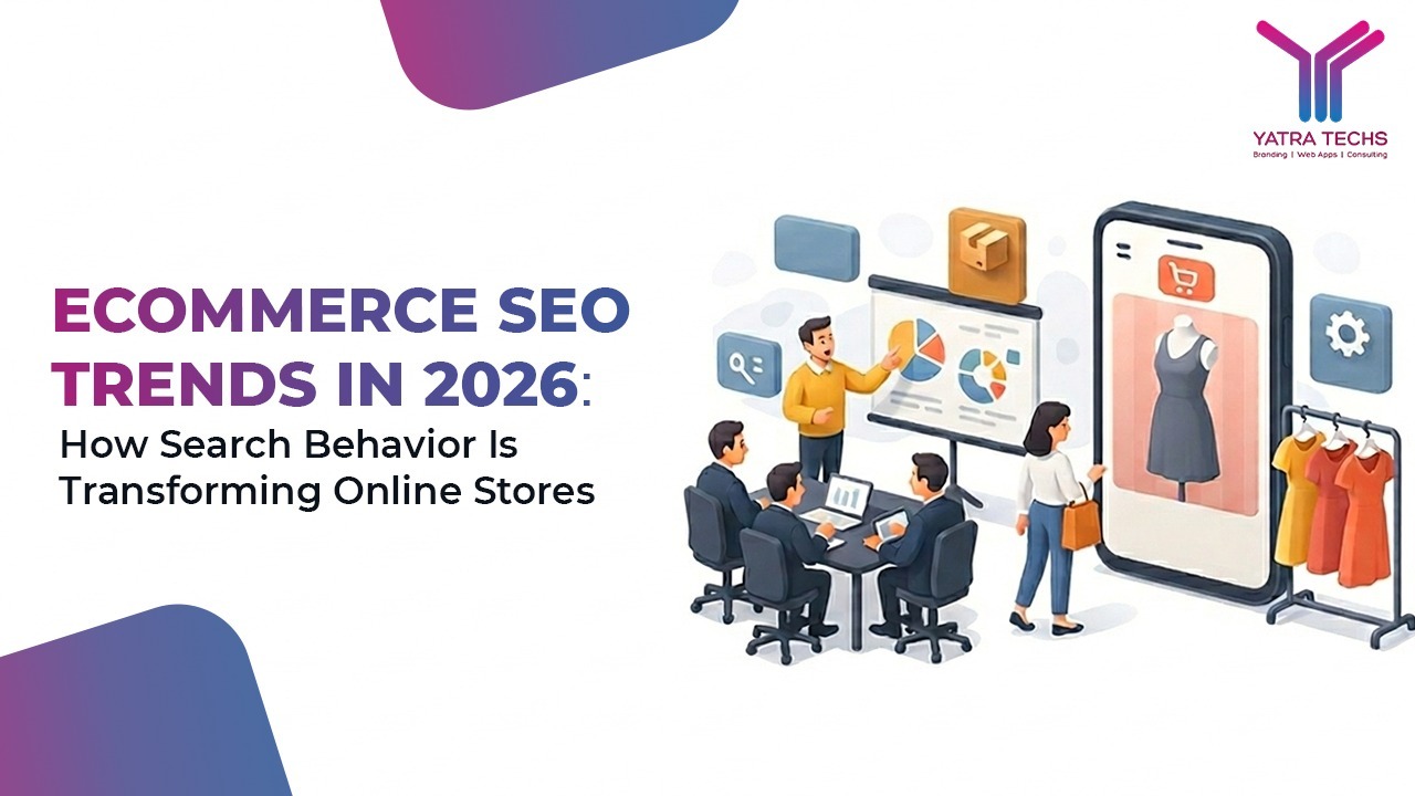 Illustration of a business team analyzing e-commerce SEO data with charts and graphs beside a large smartphone displaying an online shopping app, branded Yatra Techs.