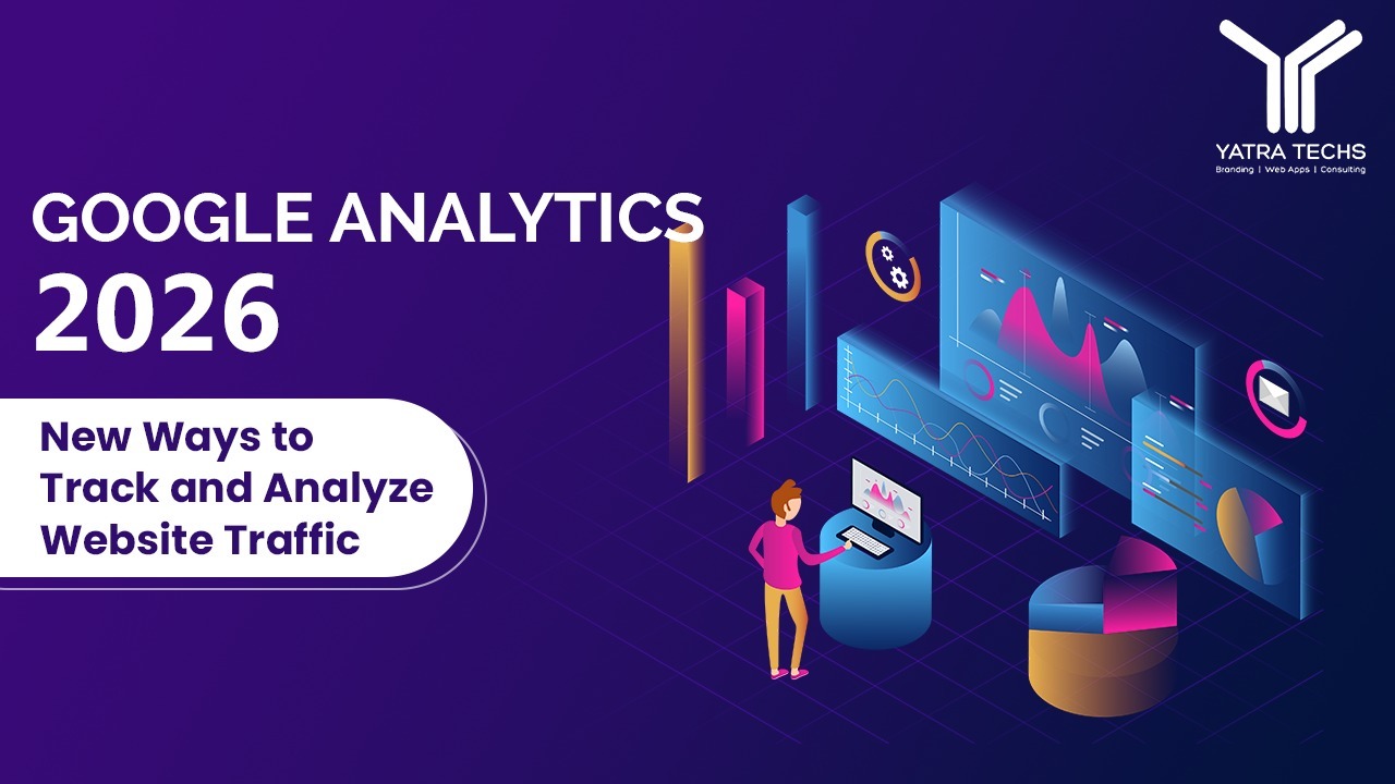 Illustration showing Google Analytics 2026 dashboard with advanced website traffic tracking and data visualization tools